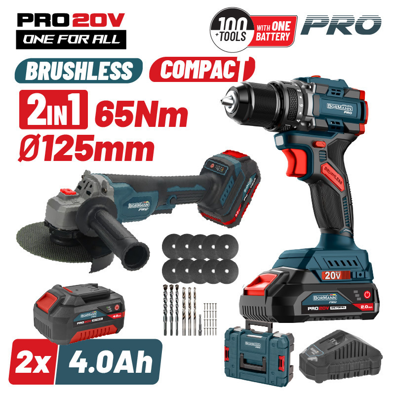 BORMANN PRO BBP5433X44T2CA ΣΕΤ Δραπανοκατσάβιδο Κρουστικό Μπαταρίας 65Nm + Γωνιακός Τροχός Μπαταρίας Φ125mm 20V Li-Ion Brushless με 47 Εξαρτήματα + 2x4Ah Μπαταρίες 083269 - ΣΕΤ ΕΡΓΑΛΕΙΩΝ στο Χρωμοδομή